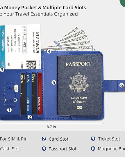 Passport Holder for Travel with Luggage Tag Cover – RFID Blocking Passport Wallet for Women & Men | PU Leather Passport Cover/Passport Case with Extra Money Pocket & Magnetic Clasp – Blue