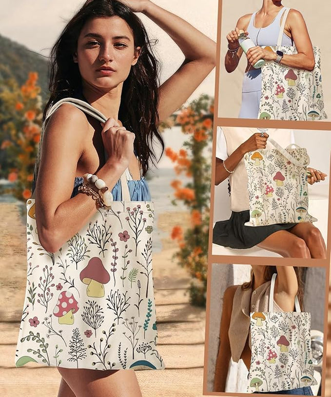 Aesthetic Canvas Tote Bag for Women - Sturdy Cloth Cotton Totes Bag with Pattern Shoulder Bag