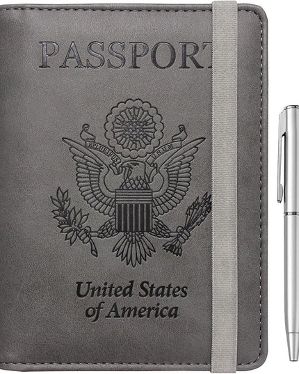 WALNEW Passport Holder for Travel, RFID Passport Cover Wallet for Women Men, PU Leather Passport Book Card Holder Case with Pen, Travelling Essentials for Flying