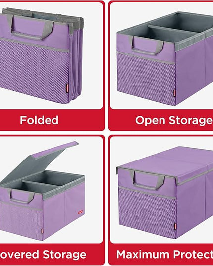 Rubbermaid Car Organizer, Collapsible Trunk Organizer, Multi-Compartment Car Storage Organization for Car Accessories, 2 Compartments With Cover, 21.65"*14.17"*12.2" - Purple