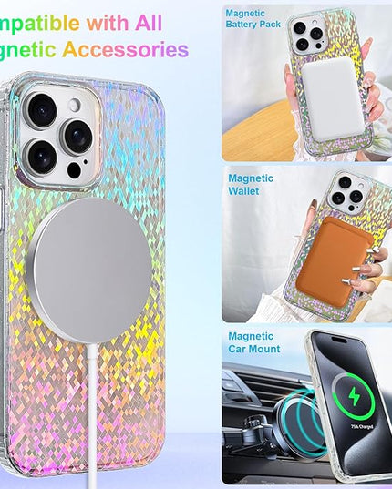 Glitter Case for iPhone 15 Pro Case for Women Girls [ Compatible with Magsafe ] Clear Cute Girly Aesthetic Colorful Iridescent Rainbow Sparkly Sparkle Bling Magnetic Protective Phone Cover