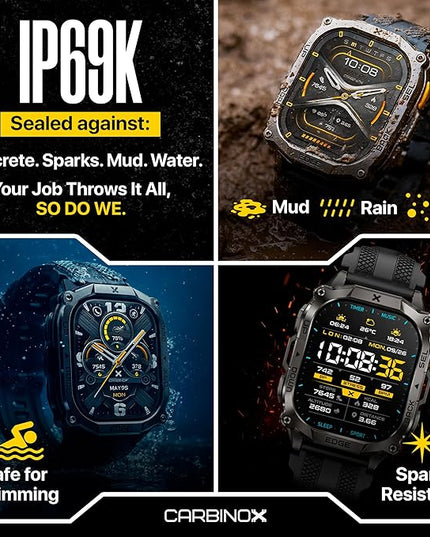 CARBINOX Smart Watch Edge Rugged, 1.96″ AMOLED, Stainless Steel, IP69K/5ATM Fitness trackers, Dual-Band GNSS, 500mAh, Bluetooth Calls, Smart Watch for Android Phones iOS (Silver)