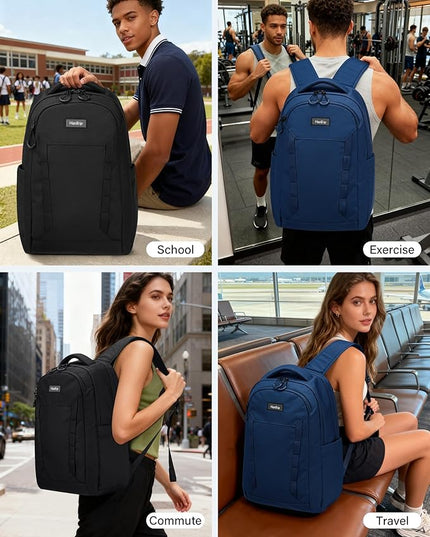 Travel Laptop Backpack Carry On, 18 Inch Large Work Backpack School Book Bags, Light Water Resistant Backpacks for Women Men with Luggage Strap Water Bottle Pocket Chest Strap, Navy Blue