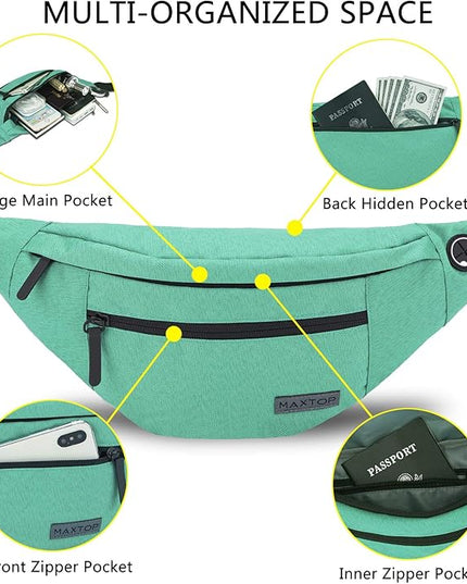 MAXTOP Large Crossbody Fanny Pack with 4-Zipper Pockets,Gifts for Enjoy Sports Festival Workout Traveling Running Casual Hands-Free Wallets Waist Pack Phone Bag Carrying All Phones