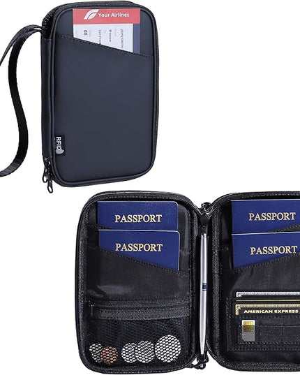 family passport holder for 4 multiple passport bag passport wallet for travel passport cover rfid blocking for women waterproof wallet with zipper passport case for men (solid black)