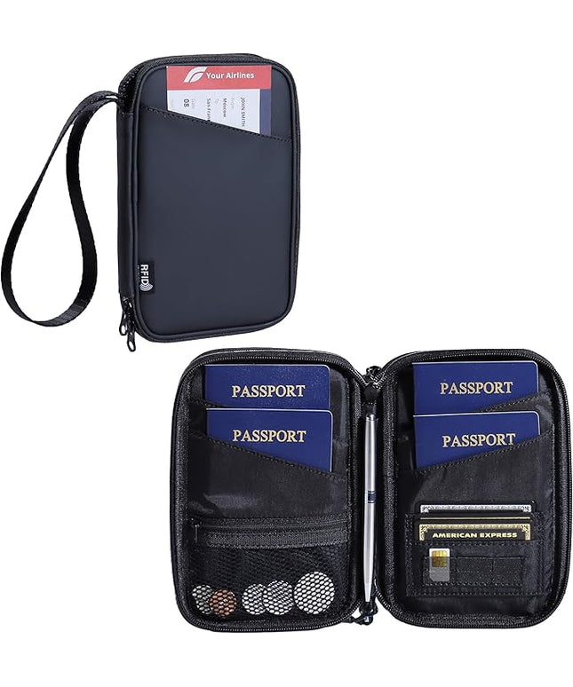 family passport holder for 4 multiple passport bag passport wallet for travel passport cover rfid blocking for women waterproof wallet with zipper passport case for men (solid black)