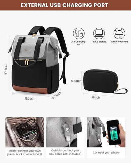 LOVEVOOK Laptop Backpack for Women, 15.6 Inch Work Laptop Bag with USB Port, Fashion Teacher Nurse Backpack Purse, Waterproof Travel Computer Backpack with Organizer Bag, 2PCS, Grey-Black