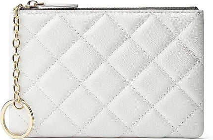 DORIS&JACKY Soft Lambskin Leather Coin Purse Small Quilted RFID Blocking Top Zipper Wallet With Key Chain