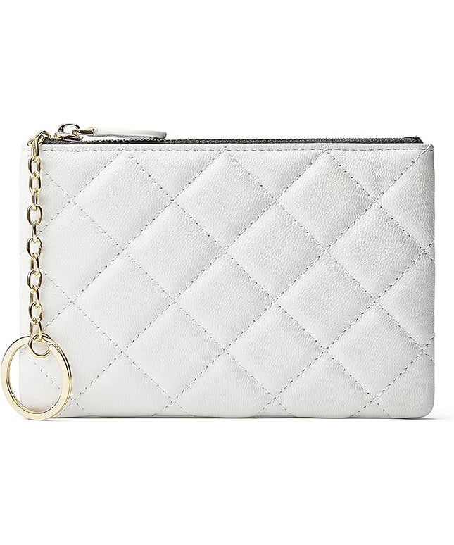 DORIS&JACKY Soft Lambskin Leather Coin Purse Small Quilted RFID Blocking Top Zipper Wallet With Key Chain