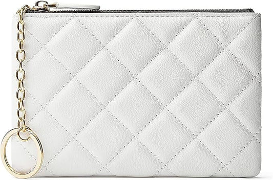 DORIS&JACKY Soft Lambskin Leather Coin Purse Small Quilted RFID Blocking Top Zipper Wallet With Key Chain