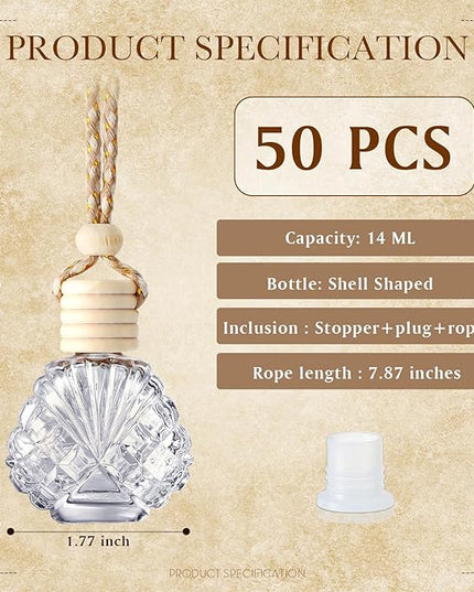BBTO 50 Pcs Hanging Car Air Freshener Car Diffuser Bottles Empty Glass Perfume Bottle Freshener Diffuser Bottle Pendant for Essential Oil Fragrance Aromatherapy Bottle Ornament(Shell)
