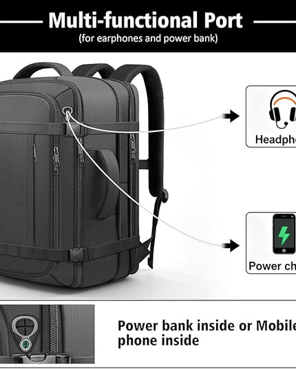 Travel Backpack,Expandable Carry on Backpack 40-50L with USB Cable Port,Fits 17.3 Inch Laptop Notebook,Water Resistant Weekender Travel Laptop Backpack for Men Women Business Trips,Daily Travel,Black