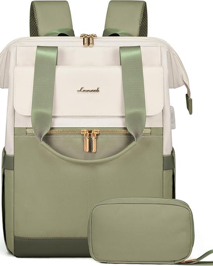 LOVEVOOK Laptop Backpack for Women, 15.6 Inch Work Laptop Bag with USB Port, Fashion Teacher Nurse Backpack Purse, Waterproof Travel Computer Backpack with Organizer Bag, 2PCS, Beige-Bean Green