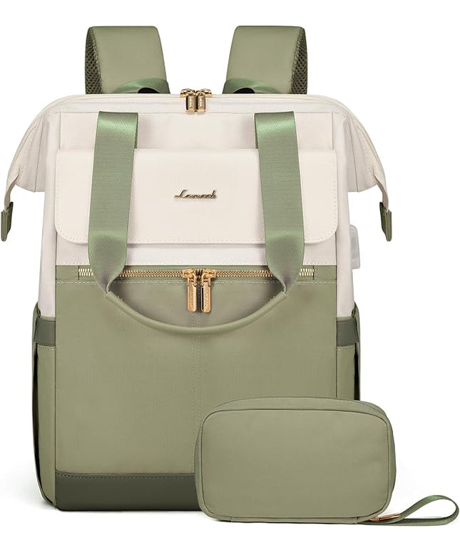 LOVEVOOK 17.3 Inch Laptop Backpack for Women, Large Capacity Travel Backpack with Organizer Bag,Waterproof Carry on Backpack Work Bag with USB Port,Teacher Nurse Backpack Purse,2PCS,Beige-Bean Green