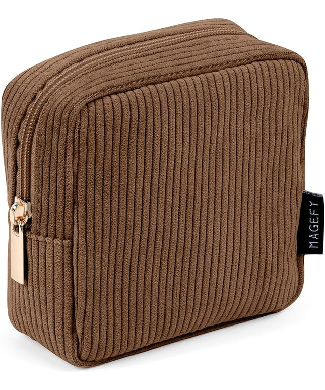 MAGEFY Small Makeup Bag for Purse Mini Cosmetics Bag Corduroy Cute Cosmetic Pouch for Women with Slip-in Pockets