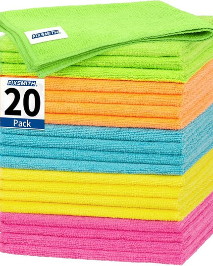 FIXSMITH Microfiber Cleaning Cloth, 20 Pack Cleaning Rags, Cleaning Towels for Housekeeping, Kitchen, Car, Lint-Free, Reusable Shop Towels with 5 Colors (Green/Blue/Yellow/Orange/Pink), 12"X12"