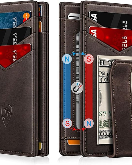 ZALVEX Wallet for Men Slim Leather Wallets for 12-15 Cards, Minimalist Thin RFID Blocking Card Holder with Money Clip & ID Window, Small Bifold Front Pocket Wallet, Gifts for Men