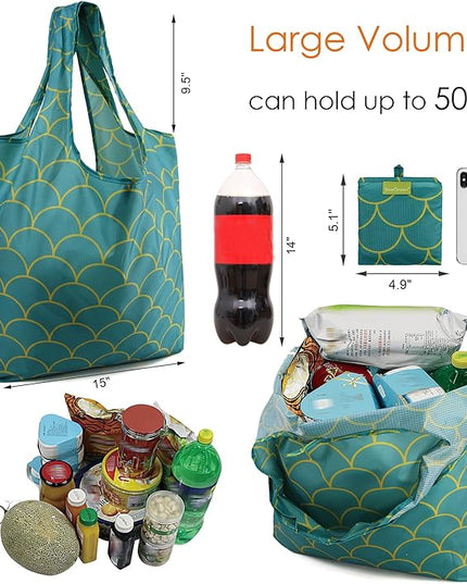 BeeGreen Reusable Grocery Bags Geometry Design - Pack of 6 Foldable Totes for Women with Pouch,X-Large 50lbs Capacity Machine Washable Polyester Sturdy Shopping Bags for Women Travel Shopping