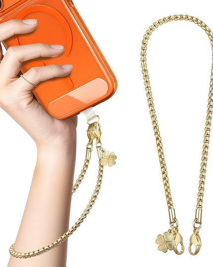 ROCONTRIP Metal Phone Lanyard with Gold Chain Detachable Phone Chain Wristlet with 2 Tether Tabs Universal iPhone Wrist Strap Premium Metal Buckles,Non-Rust,Unbreak iPhone Wristlet For Travel Shopping