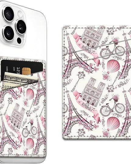 Phone Card Holder, Dual Pocket Leather Wallet Adhesive Stick On, Cute Credit Card Holder for Smartphones Case Compatible with Most Phone（Tower）