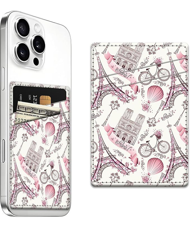 Phone Card Holder, Dual Pocket Leather Wallet Adhesive Stick On, Cute Credit Card Holder for Smartphones Case Compatible with Most Phone（Tower）