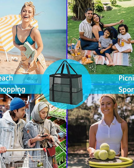Mesh Beach Bag, Large Beach Tote with Zipper Pocket, Toys Pool Bag for Family Travel Vacation Cruise Essentials
