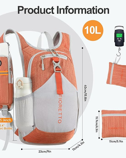 FIORETTO 10L Lightweight Packable Hiking Backpack Small Foldable Daypack for Women Men Compact Travel Backpack for Camping & Outdoor, Orange