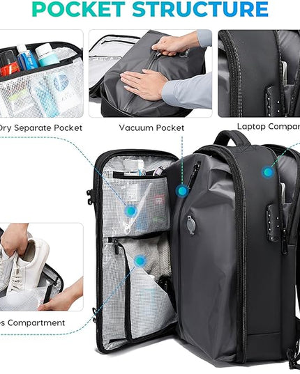 BANGE Vacuum-Seal Travel Backpack with Pump and Vacpack Compression System, Water Resistant Large Carry-On Backpack with Laptop Compartment and TSA Lock - Flight Approved, Black (With Air Pump)