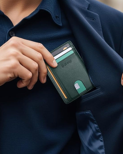 Buffway Slim Minimalist Front Pocket RFID Blocking Leather Wallets for Men and Women - Lichee Green
