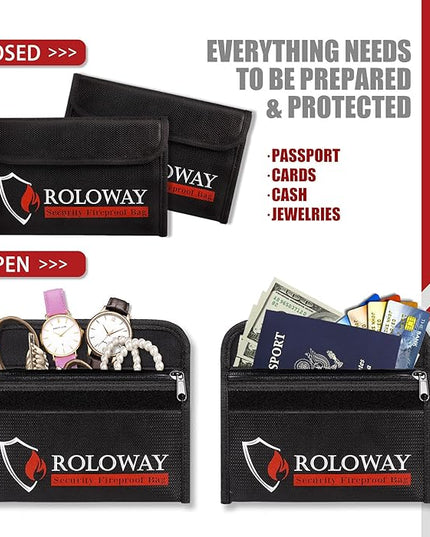 ROLOWAY Small Fireproof Bag (5 x 8 inches), Non-itchy Fireproof Money Bag for Cash, Valuables, Passport, Currency & Keys (2-Pack Black)