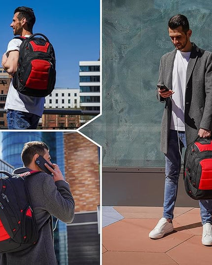 Swissdigital Design Men's Laptop Backpack for College and Business Travel with Integrated USB Charging Port and RFID Protection Fits 15.6" Laptops Black/Red | J14-41