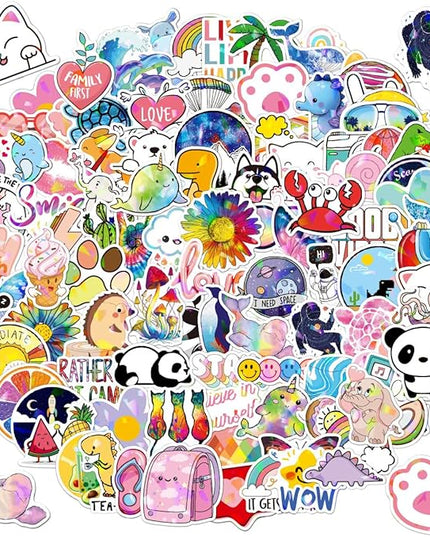 100 Cute Assorted Animal Holographic Stickers – Fun Sparkly Glitter Kawaii Bulk Variety Pack, Waterproof Vinyl Decals for Girls, Kids & Teens, Great for Water Bottles, Classroom Rewards, Luggage