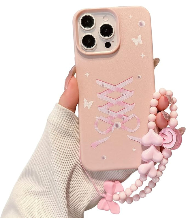 Elegant Lovely Bow Phone Case for iPhone 14 Plus, Stylish Ballet Ribbon Girly Cover with Wrist Strap, Aesthetic Soft Pink Tone, Designed for Women and Girls