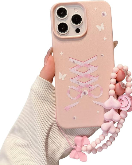 Elegant Lovely Bow Phone Case for iPhone 12, Stylish Ballet Ribbon Girly Cover with Wrist Strap, Aesthetic Soft Pink Tone, Designed for Women and Girls