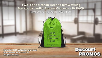 DISCOUNT PROMOS 10 Mesh Accent Drawstring Backpacks Set - Customizable Text, Logo - Two Tone, Front Pocket, Side Mesh - Lime Green