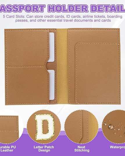 PATIKIL Passport Holder for Travel, Initial Passport Cover and Luggage Tag Set with Alphabet Chenille Letter Patch Travel Wallet Bag Suitcase Identifier for Women Family Travel Brown D