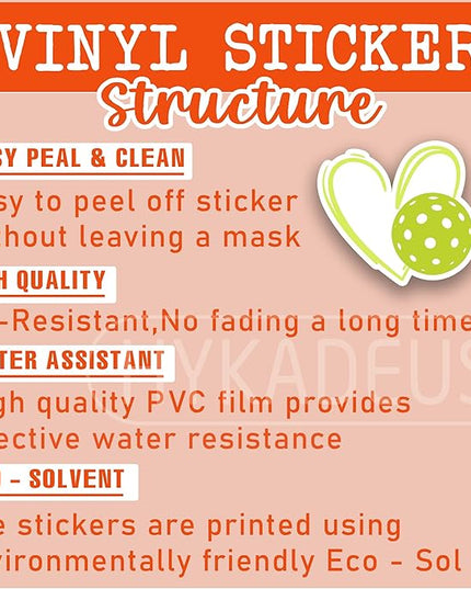 (3Pcs) Pickleball Stickers Waterproof Vinyl Pickleball Heart Decals for Water Bottle, Tumbler, Laptop, Phone Case, Scrapbooking, Team Players, Coach, 3" x 2.8"