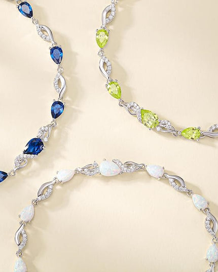 FANCIME Birthstone Teardrop Tennis Bracelet for Women, Sterling Silver 9x7mm main Gemstone Bolo Adjustable Chain Bracelet Fine Jewelry Birthday Gifts for Women Mom Wife Her