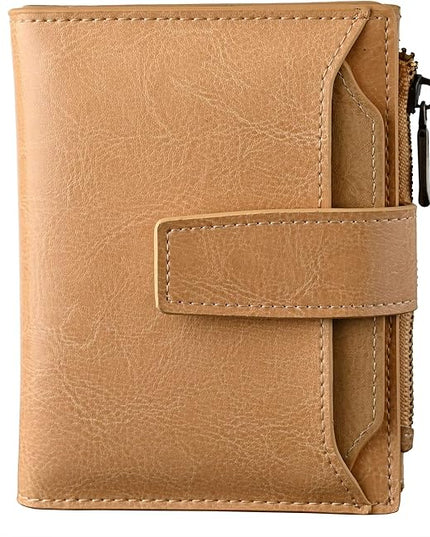 Bveyzi Women's Small Leather RFID Blocking Bifold Zipper Pocket Wallet Ladies Credit Card Slots Purse with id Window