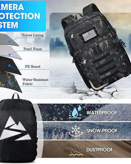 SDYSM Camera Backpack Bag Professional for DSLR/SLR Mirrorless Camera Waterproof 15.6 inch Tactical Camera Bags for Photographers with Rain Cover, Tripod Holder, Small Bag Photography Backpack Case