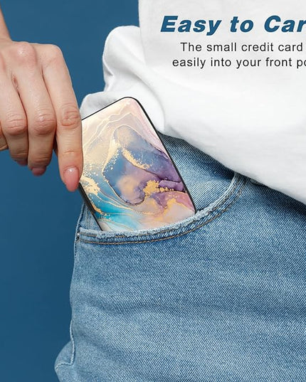 Atufsuat Credit Card Holder, Mini Aluminum Card Wallet RFID Blocking Slim Metal Hard Card Case for Women Men, Pink Gold Marble