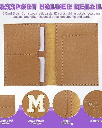 PATIKIL Passport Holder for Travel, Initial Passport Cover and Luggage Tag Set with Alphabet Chenille Letter Patch Travel Wallet Bag Suitcase Identifier for Women Family Travel Brown M