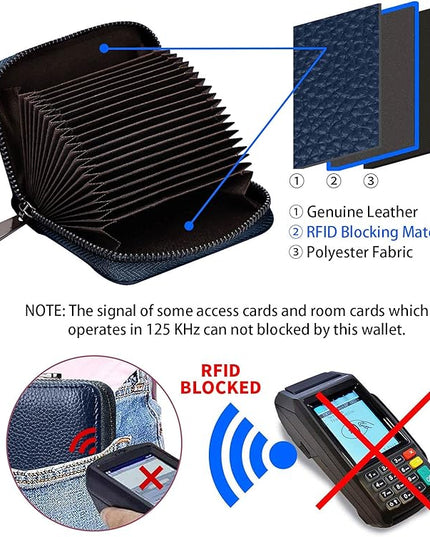 Linno RFID 20 Slots Credit Card Holder Genuine Leather Small Wallet for Women or Men with Zipper