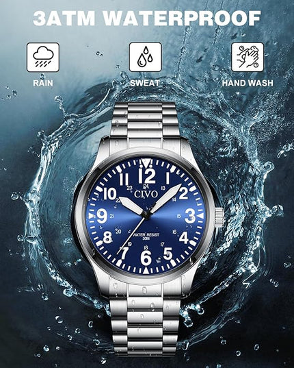 CIVO Analog Wrist Watches for Men: Waterproof Stainless Steel Mens Watches - Silver Watch with Easy Read Dial Men's Watch for Gift
