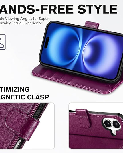 TUCCH Case Wallet for iPhone 16, Kickstand PU Leather Magnetic Protective Flip Cover with [RFID Blocking] [4 Card Slots] [TPU Interior Case] Compatible with iPhone 16 5G 2024, Plum Purple