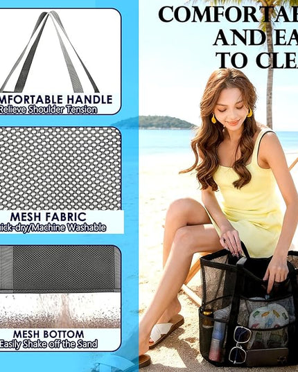 Mesh Beach Bag, Large Beach Tote with Zipper Pocket, Toys Pool Bag for Family Travel Vacation Cruise Essentials