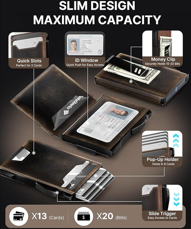 typecase Wallet for Men: Rfid-blocking with Money Clip Slim Leather Bifold ID Window Smart Pop Up Card Case Front Pocket Wallet with Gift Box (Burnished Black)