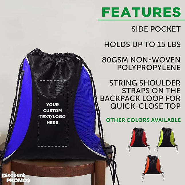 DISCOUNT PROMOS Custom Non-Woven Drawstring Backpacks Set of 10/50/100, Personalized Bulk Pack