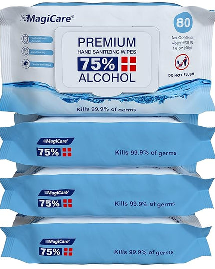MagiCare 75% Large Alcohol Wipes (4-80ct Packs) - Alcohol Hand Sanitizing Wipes, Premium - Unscented Hand Wipe, Sanitizer Wipe - Travel, Home, Classroom, Camping - 4 Soft Packs (320pcs)
