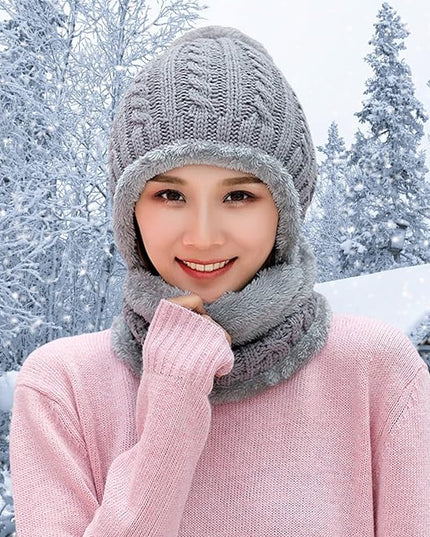 HUAMULAN Women Winter Beanie Hats One Piece Fleece Lined Knit Balaclavas Mask Set Skull Neck Circle Scarf Ski Snow Hat Pompom